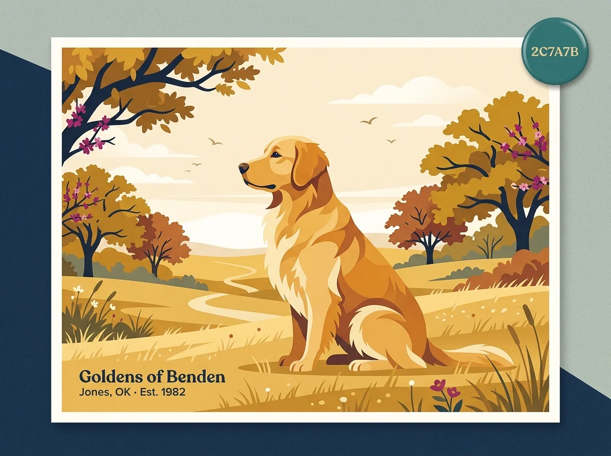 Editorial illustration card for Goldens of Benden, a longstanding Oklahoma golden retriever breeder in Jones