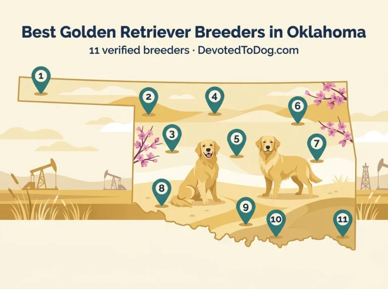 Editorial flat-vector map of Oklahoma with eleven numbered teal pins marking verified golden retriever breeders, two golden retrievers, Great Plains, redbud blossoms, and prairie horizon with oil derricks.