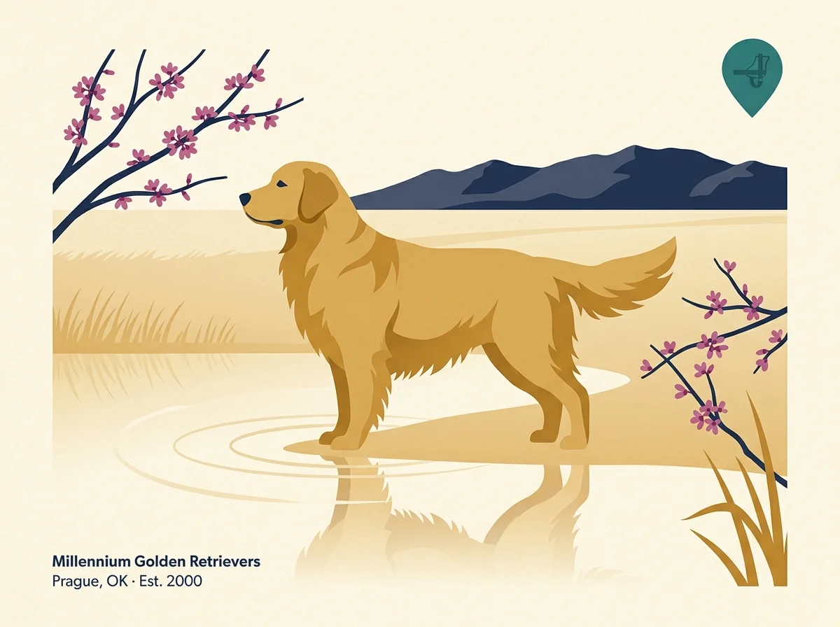 Editorial illustration card for Millennium Golden Retrievers, a 24-year service-dog program in Prague, Oklahoma