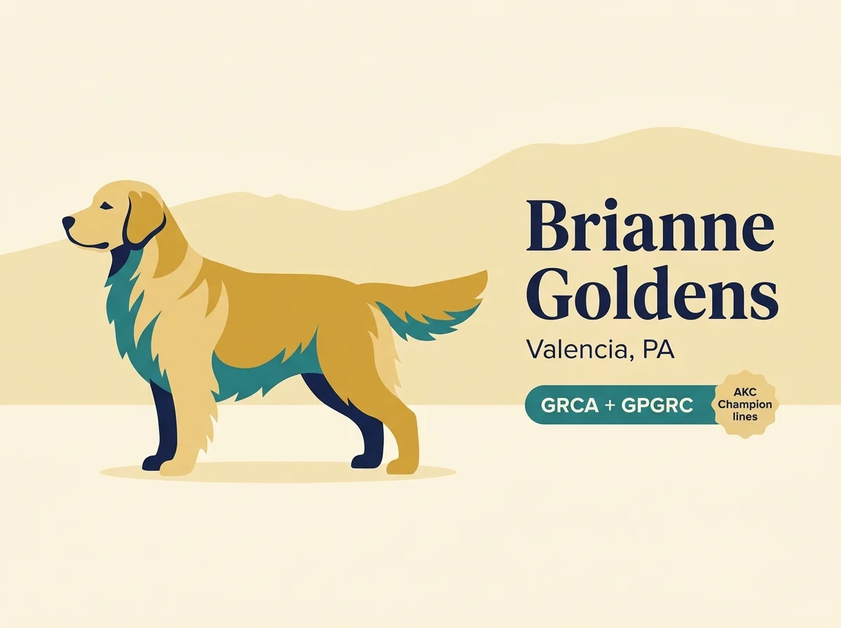 Brianne Goldens editorial profile card showing GRCA + GPGRC and AKC Champion lines with Butler County rolling-hills silhouette.