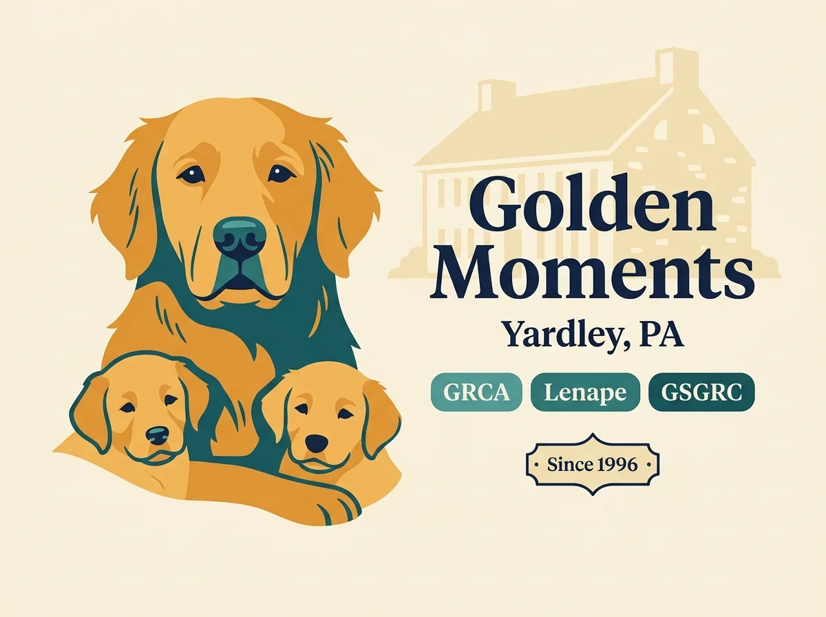 Golden Moments editorial profile card showing triple GRCA + Lenape + GSGRC membership and Since 1996 with Bucks County stone-farmhouse silhouette.