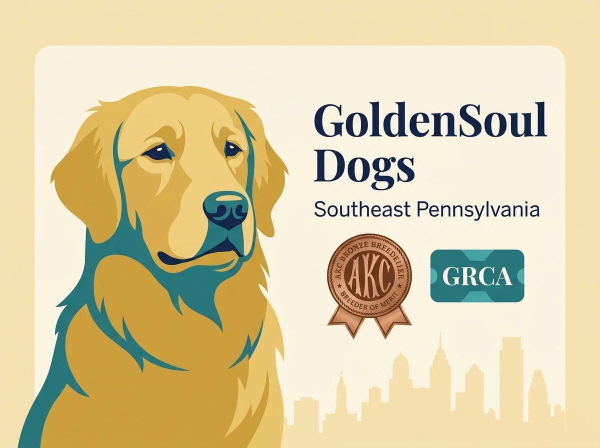 GoldenSoul Dogs editorial profile card showing AKC Bronze Breeder of Merit and GRCA verification, with a stylized golden retriever portrait and Philadelphia skyline silhouette.