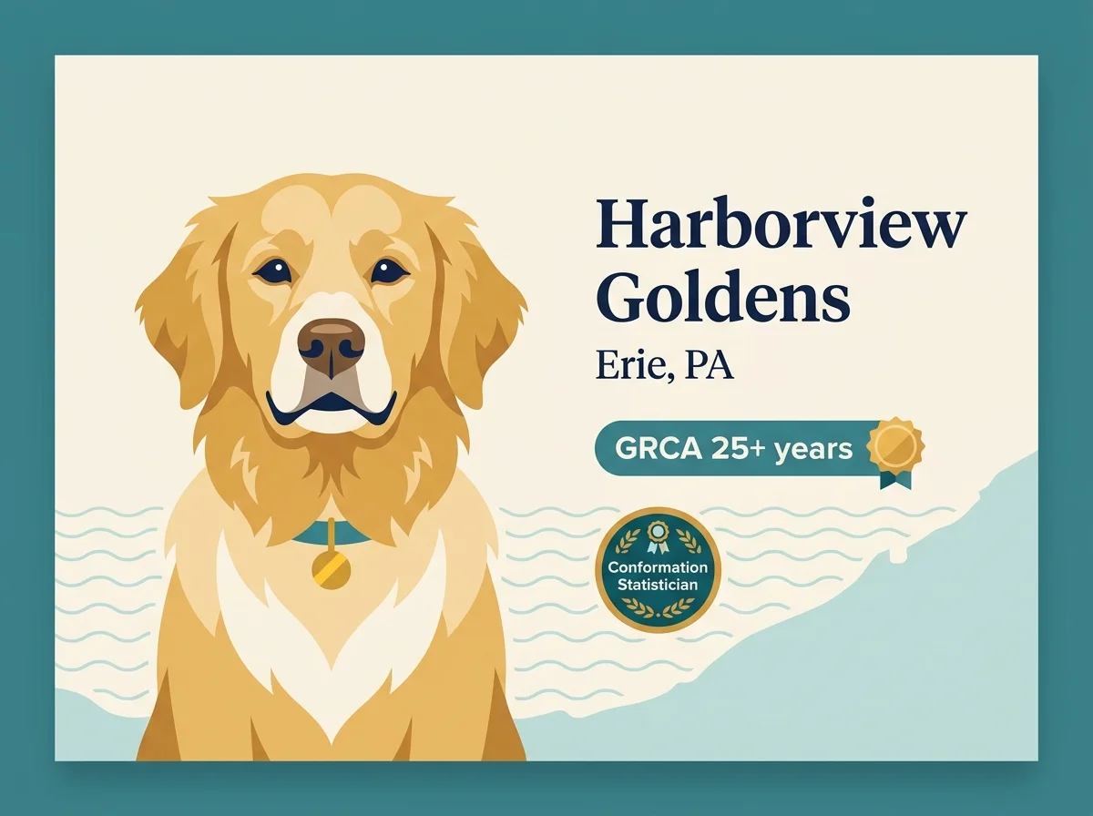 Harborview Goldens editorial profile card showing GRCA 25+ years and GRCA Conformation Statistician credentials with Lake Erie shoreline silhouette.