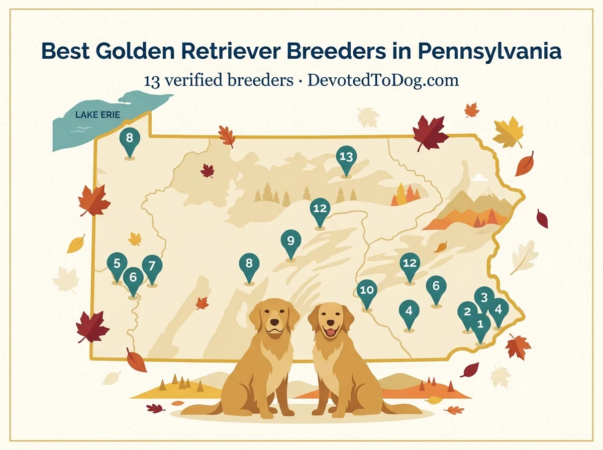 Map of Pennsylvania showing the locations of thirteen recommended golden retriever breeders, with two golden retrievers in the foreground and Appalachian mountain silhouettes in the background.