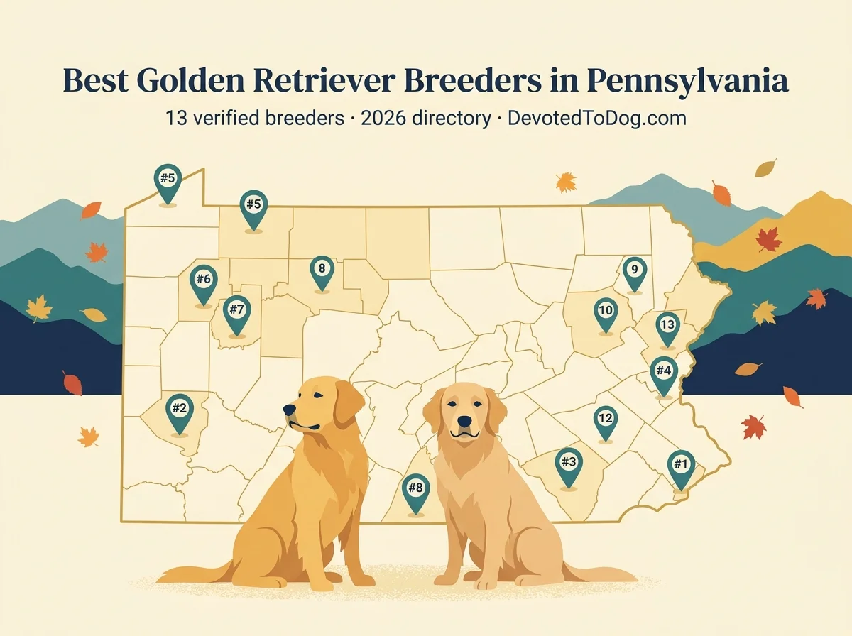 Map of Pennsylvania showing the locations of thirteen recommended golden retriever breeders, with two golden retrievers in the foreground and Appalachian mountain silhouettes in the background.