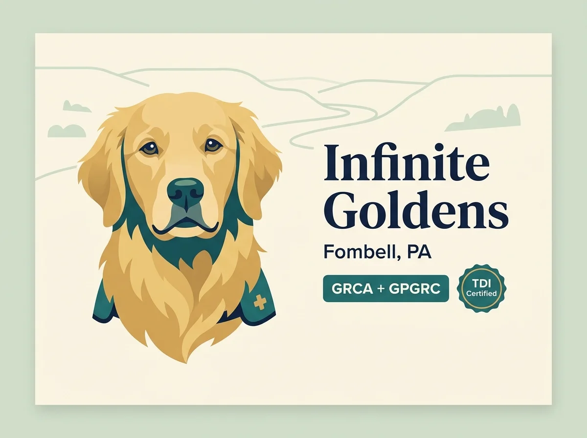 Infinite Goldens editorial profile card showing GRCA + GPGRC and TDI Certified credentials with Western PA Allegheny river-valley silhouette.