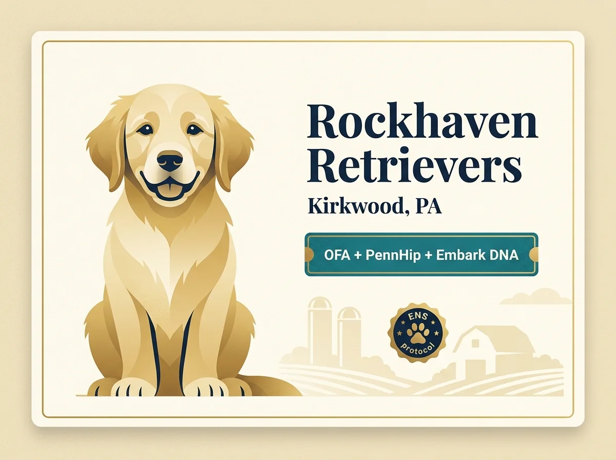 Rockhaven Retrievers editorial profile card showing OFA + PennHip + Embark DNA and ENS protocol credentials with Lancaster County farmland silos silhouette.