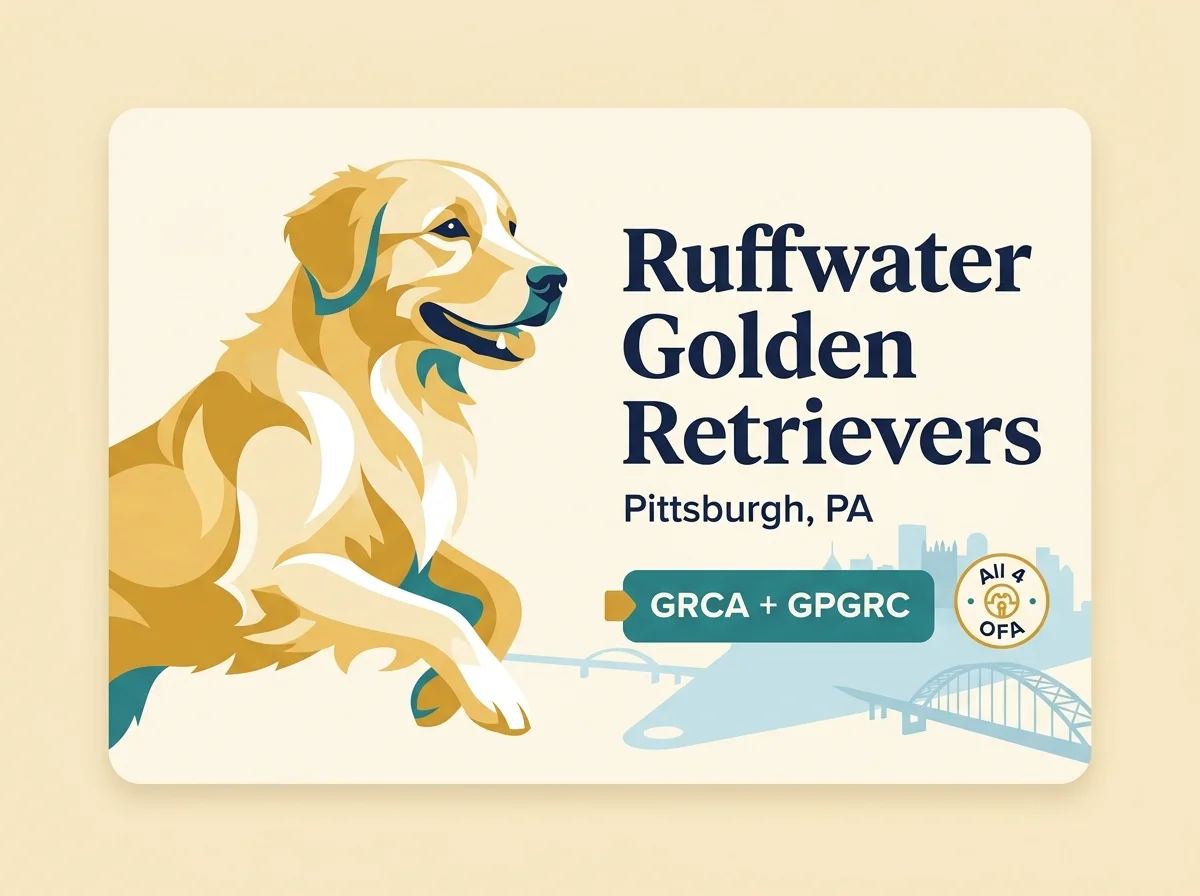 Ruffwater Golden Retrievers editorial profile card showing GRCA + GPGRC and All 4 OFA credentials with Pittsburgh three-rivers and steel-bridge silhouette.