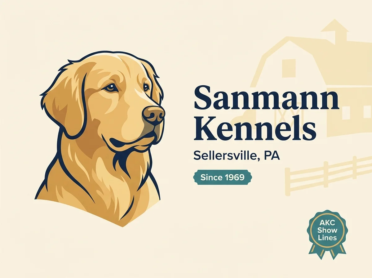 Sanmann Kennels editorial profile card showing Since 1969 and AKC Show Lines credentials with Bucks County barn and split-rail-fence silhouette.