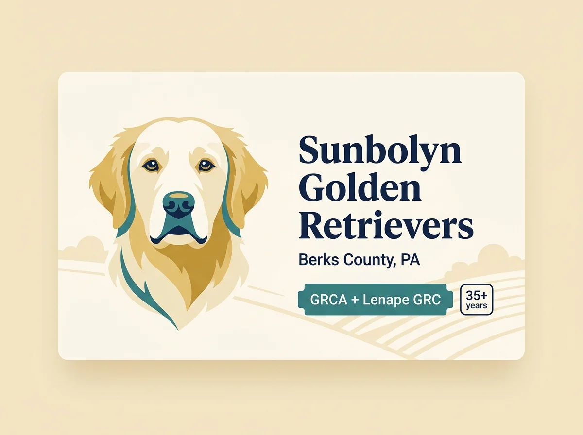 Sunbolyn Golden Retrievers editorial profile card showing GRCA + Lenape GRC dual membership and 35+ years in goldens with Pennsylvania farmland silhouette.