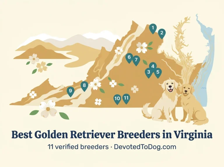 Editorial flat-vector map of Virginia with two golden retrievers, 11 numbered teal location pins from Northern Virginia through Richmond, Charlottesville, and the Blue Ridge to southern Virginia; Blue Ridge mountain silhouettes, Shenandoah valley, Chesapeake Bay outline, and dogwood blossoms. Title: Best Golden Retriever Breeders in Virginia. 11 verified breeders, DevotedToDog.com.