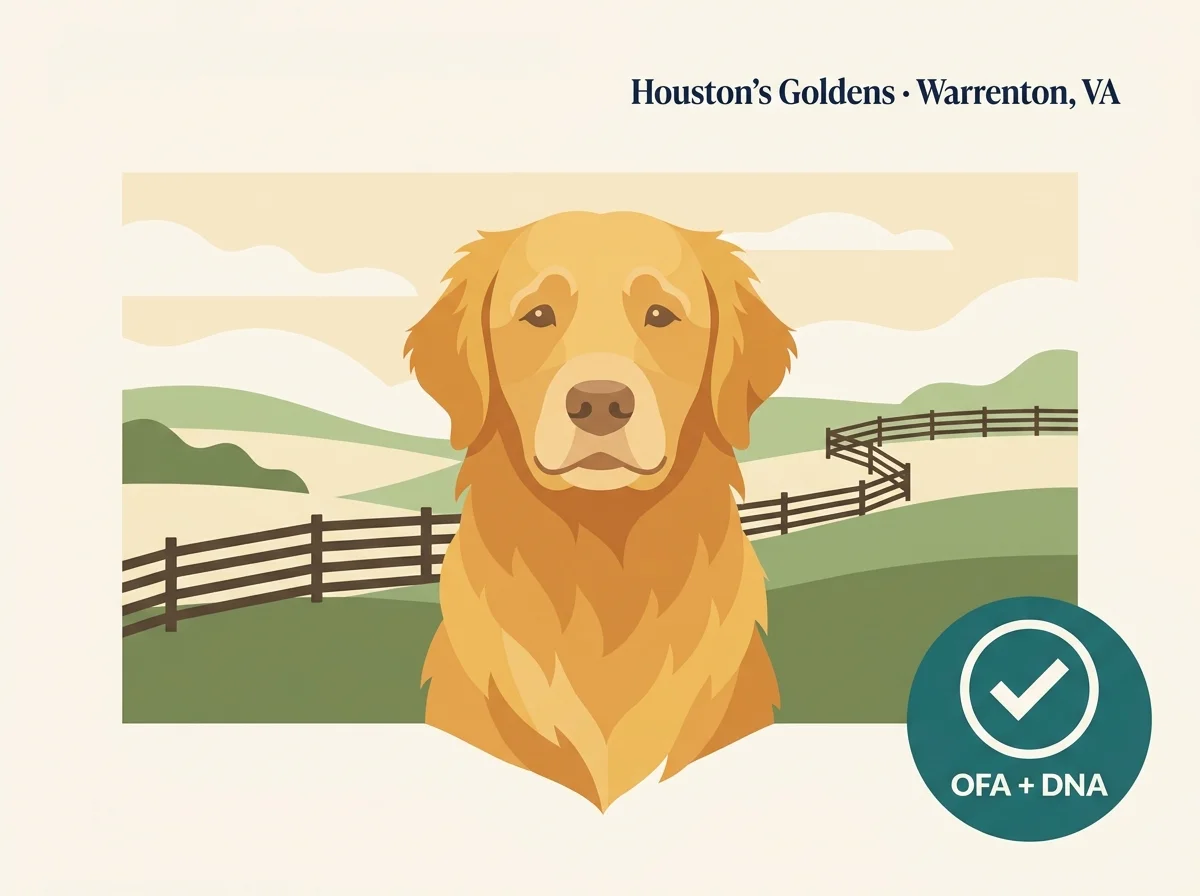 Houston's Goldens editorial card: stylized golden retriever portrait with Warrenton Fauquier horse country pasture and split-rail fence, OFA + DNA verification badge.