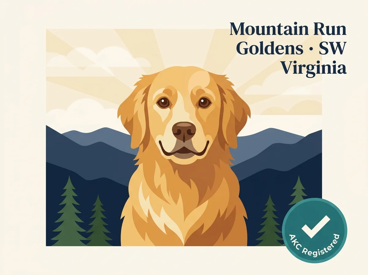 Mountain Run Goldens editorial card: stylized golden retriever portrait with layered Blue Ridge mountain silhouettes and pine trees, AKC Registered verification badge.