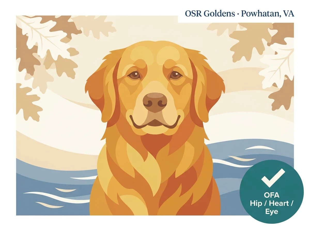 OSR Goldens editorial card: stylized golden retriever portrait with Powhatan central Virginia James River silhouette, OFA Hip / Heart / Eye verification badge.