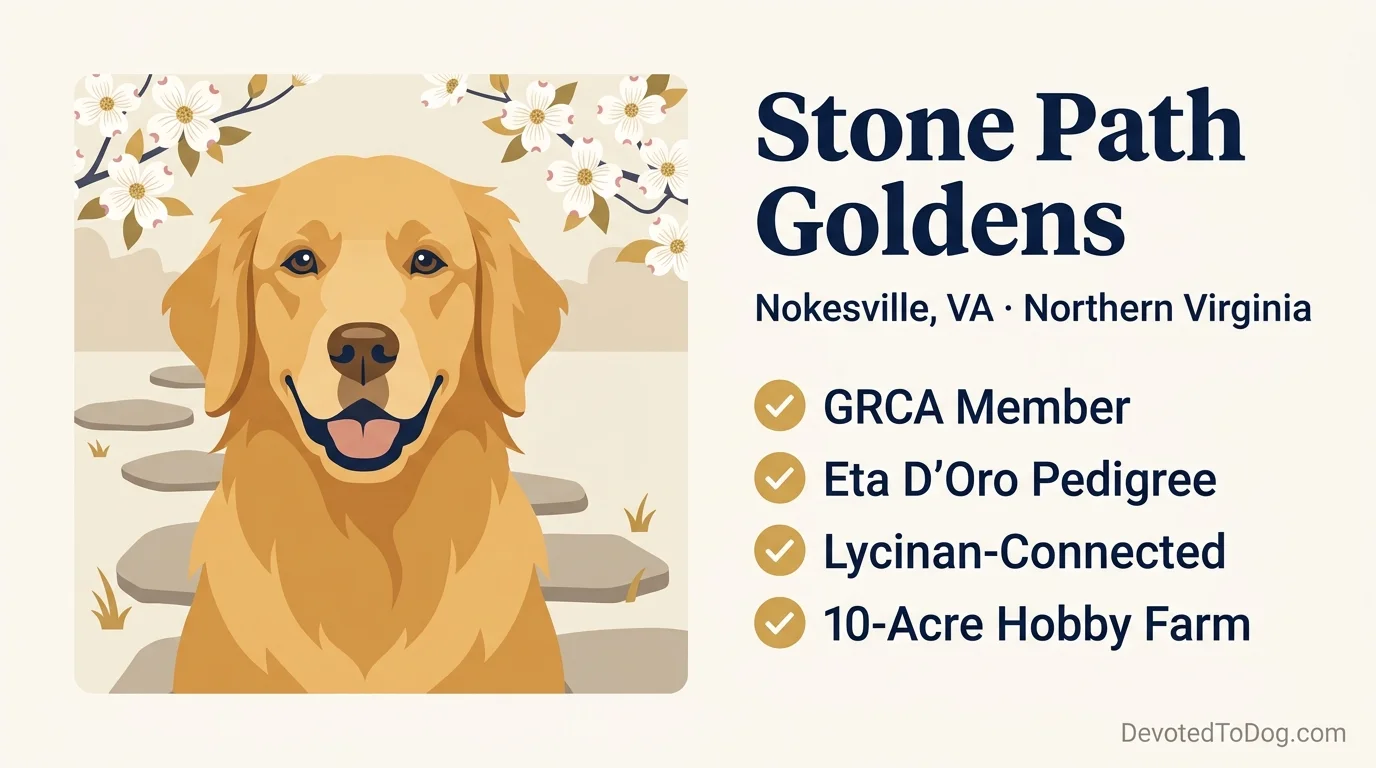 Stone Path Goldens editorial card: stylized golden retriever portrait with stepping stones and dogwood blossoms, credential badges reading GRCA Member, Eta D'Oro Pedigree, Lycinan-Connected, 10-Acre Hobby Farm in Nokesville, Virginia.