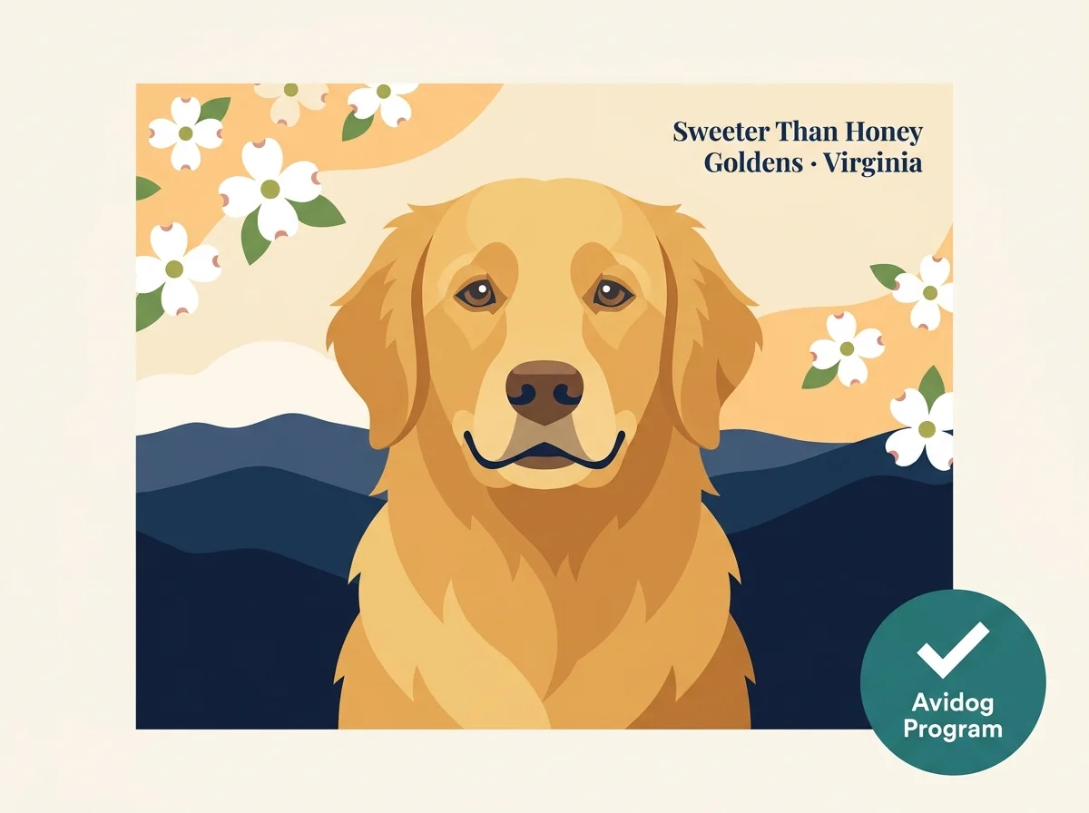 Sweeter Than Honey Goldens editorial card: stylized golden retriever portrait with Blue Ridge silhouette and Virginia dogwood blossoms, Avidog Program verification badge.
