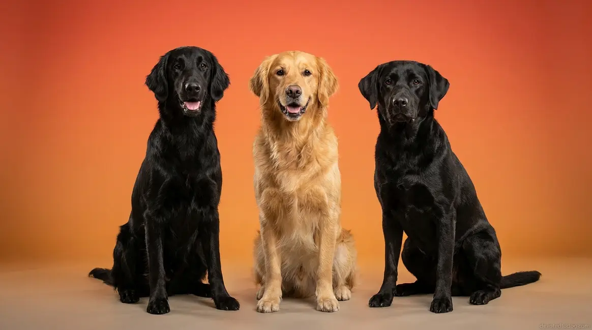 Black golden retriever lookalikes — Flat-Coated Retriever, Golden Retriever, and Goldador side by side