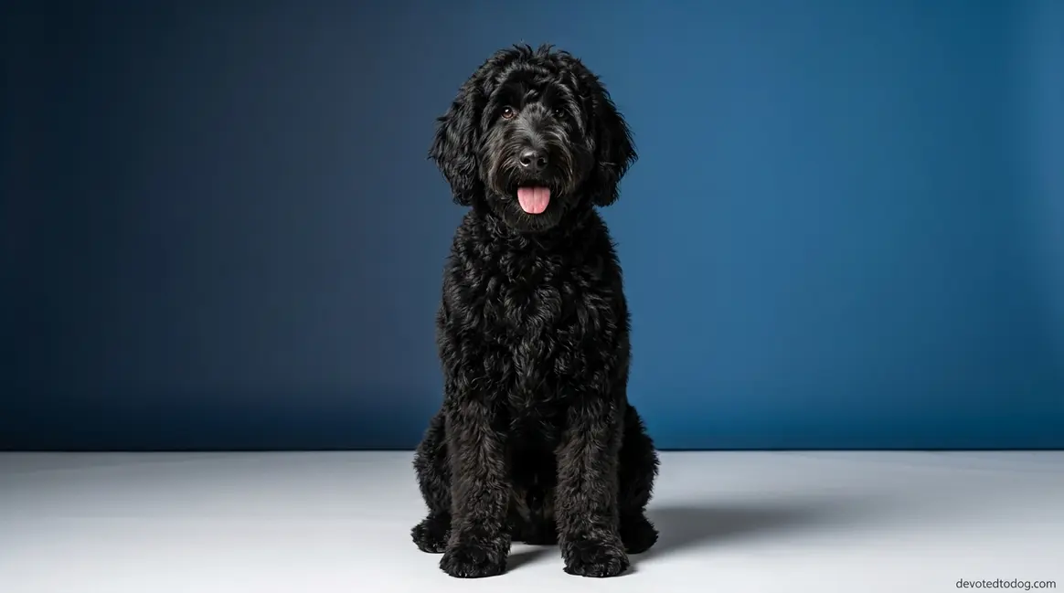 Black Goldendoodle dog with full curly coat sitting alert in studio portrait setting