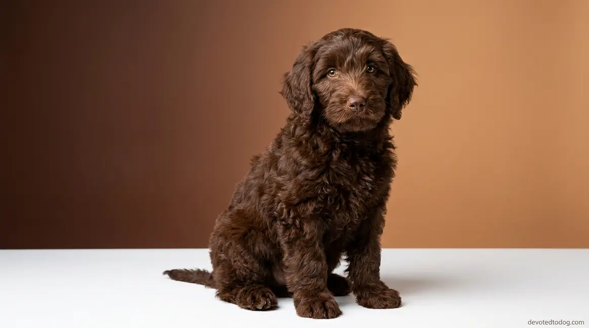 Fluffy chocolate Goldendoodle puppy with rich brown wavy coat and warm amber eyes