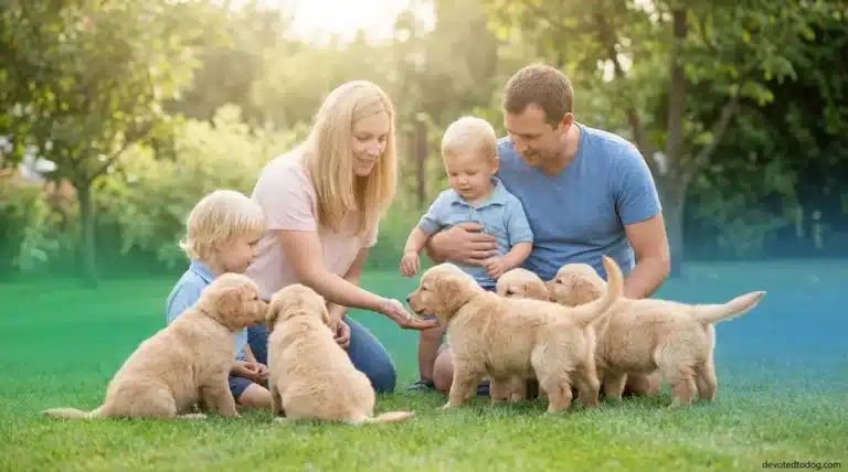 Family choosing a golden retriever puppy from a litter of eight-week-old pups
