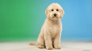 English Goldendoodle with cream teddy bear coat sitting in studio setting
