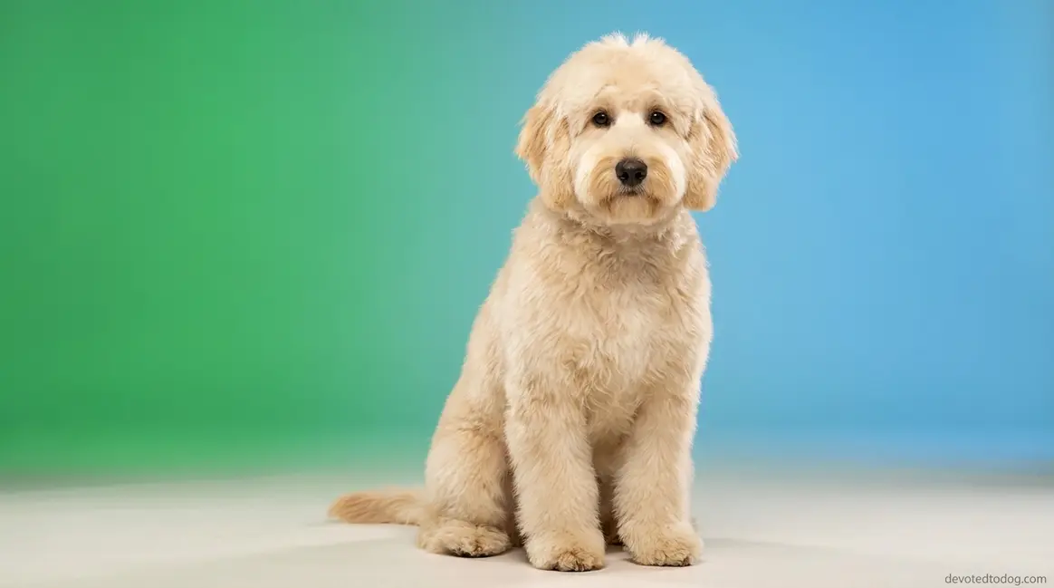 English Goldendoodle with cream teddy bear coat sitting in studio setting