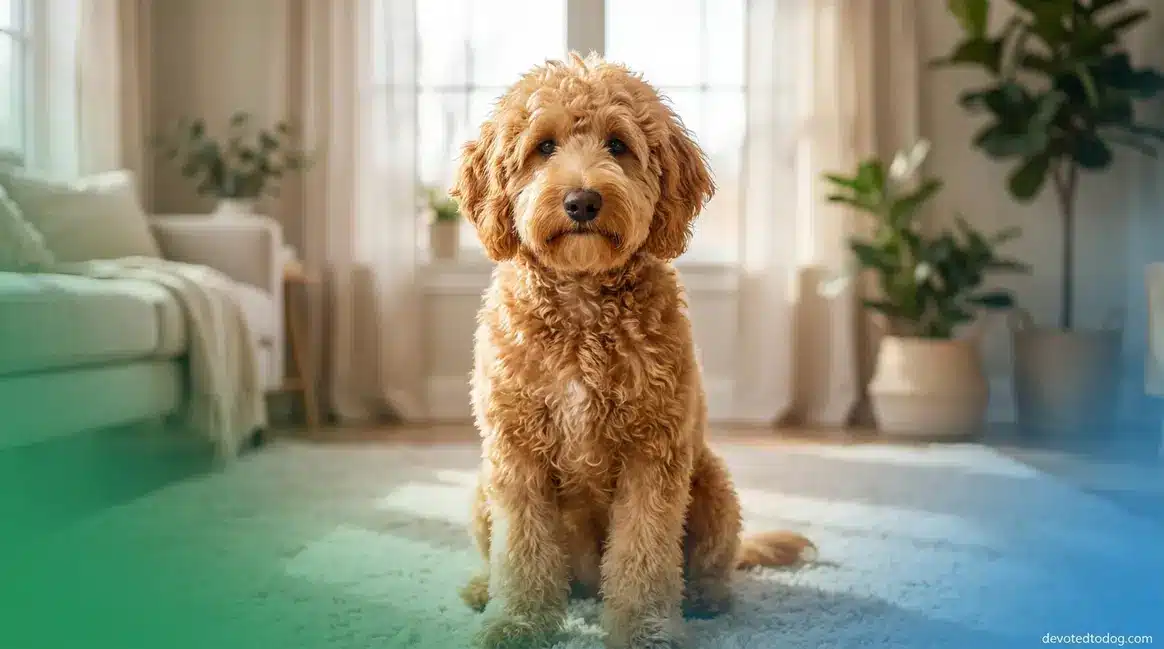 F1B Goldendoodle with curly apricot coat sitting indoors looking at camera