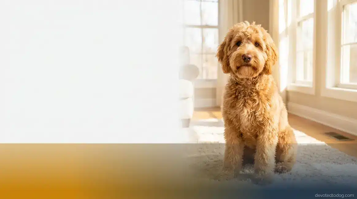 F2B Goldendoodle with wavy golden coat sitting in bright home setting