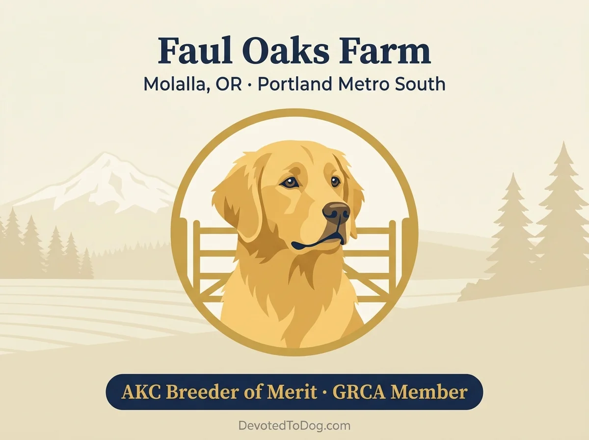 Faul Oaks Farm editorial profile card showing Molalla Oregon location and AKC Breeder of Merit credential