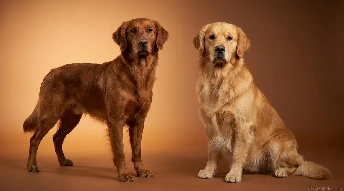 Field golden retriever vs show golden retriever side-by-side comparison of build and coat color