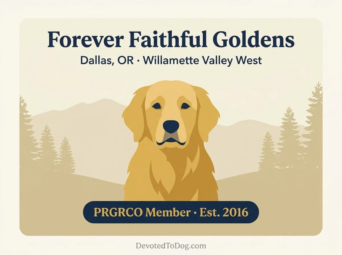 Forever Faithful Goldens editorial profile card showing Dallas Oregon location with Willamette Valley motif