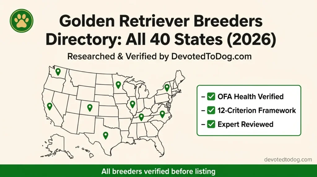 Golden Retriever Breeders Directory covering all 40 states verified using OFA-first 12-criterion framework by DevotedToDog.com