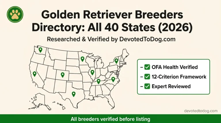 Golden Retriever Breeders Directory covering all 40 states verified using OFA-first 12-criterion framework by DevotedToDog.com