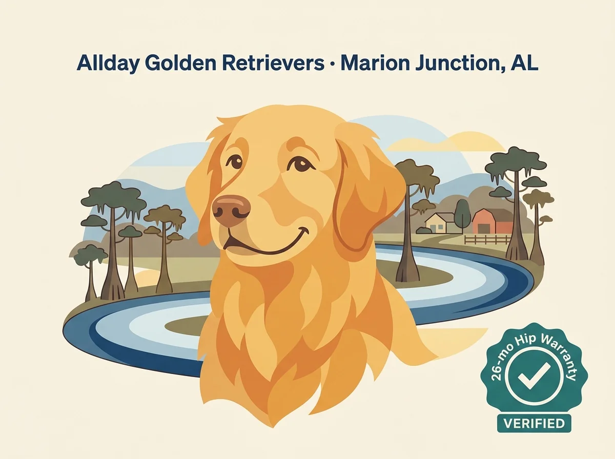 Allday Golden Retrievers editorial profile card showing OFA hip warranty badge with Marion Junction Selma Alabama River location.