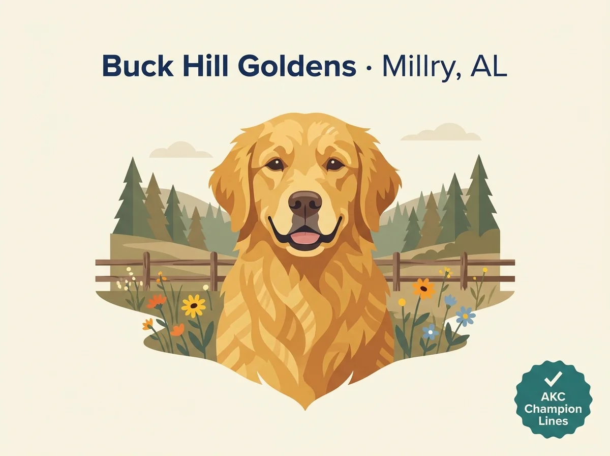 Buck Hill Goldens editorial profile card showing AKC champion-line badge with Millry SW Alabama family-farm location.