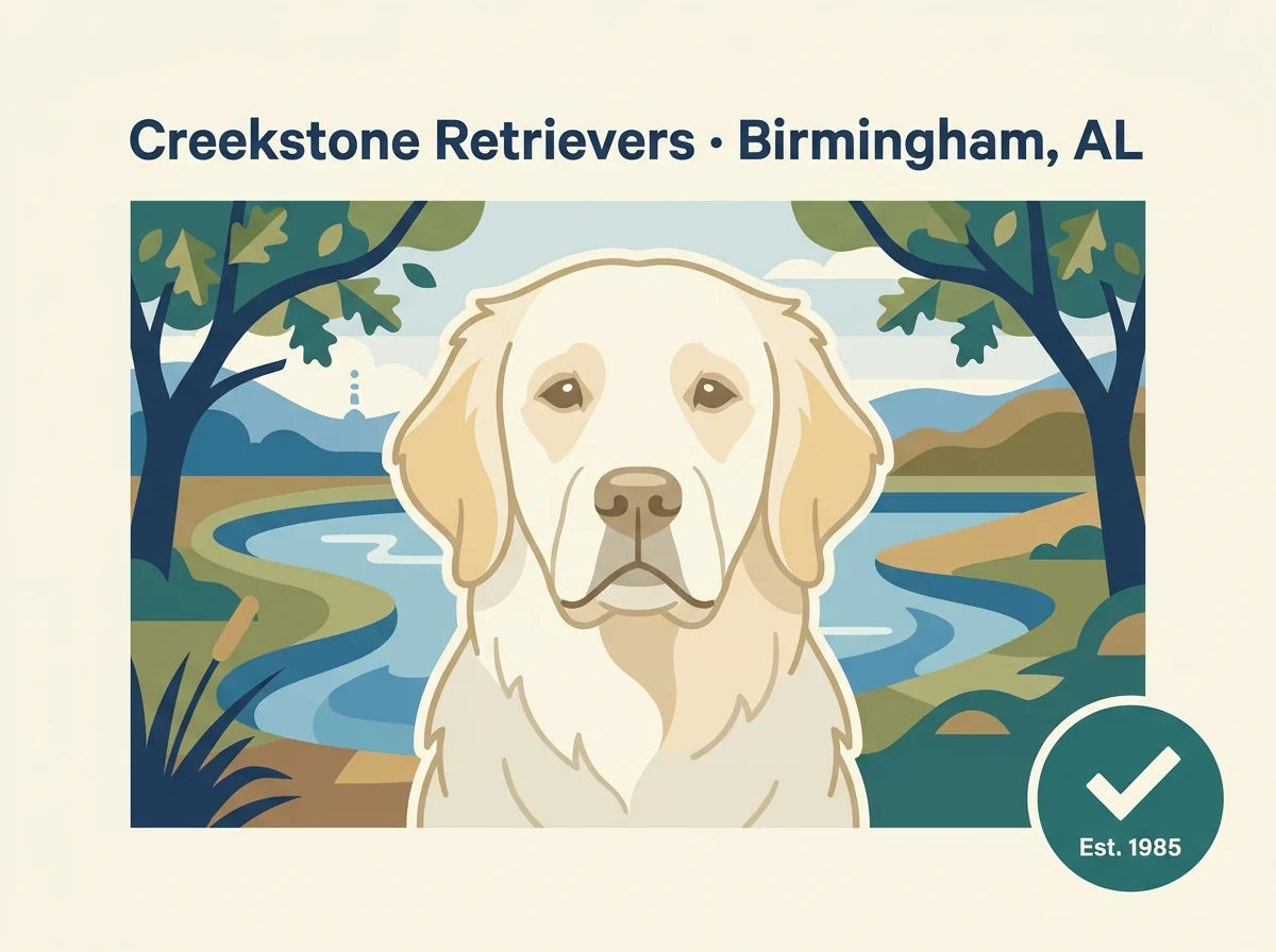 Creekstone Retrievers editorial profile card showing 40-year program longevity badge with Birmingham Alabama country-farm location.