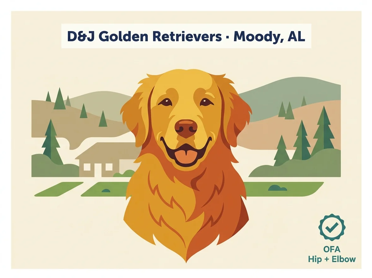D and J Golden Retriever Puppies editorial profile card with stud OFA hip-elbow badge and Moody Alabama Birmingham-east location.