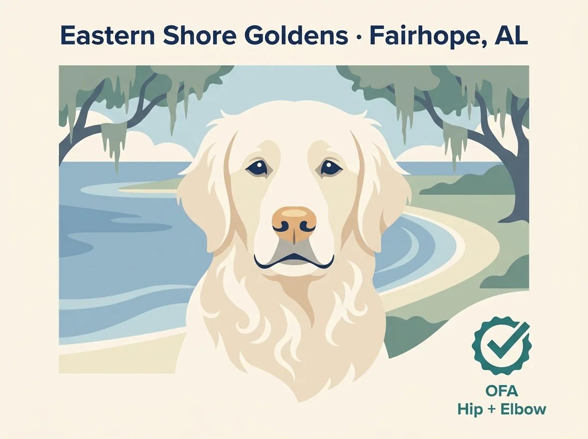 Eastern Shore Goldens editorial profile card showing OFA hip-elbow clearance badge with Fairhope Mobile Bay Alabama location and English Cream lineage.
