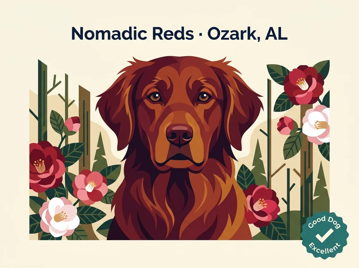 Nomadic Reds Golden Retrievers editorial profile card with dark red field-type golden and Good Dog Excellent Health Testing tier badge for Ozark Alabama location.