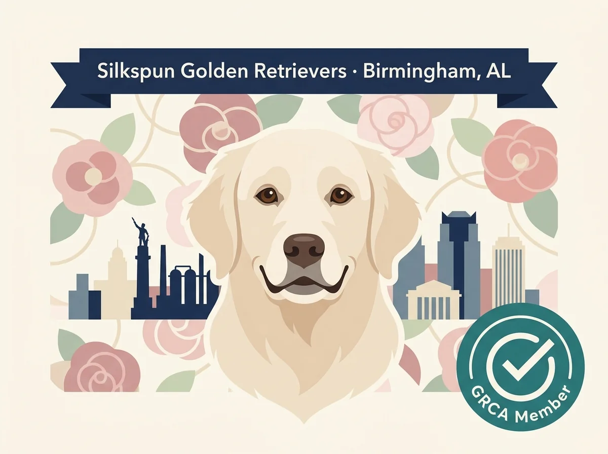 Silkspun Golden Retrievers editorial profile card showing GRCA member badge with Birmingham Alabama location and English Cream lineage.