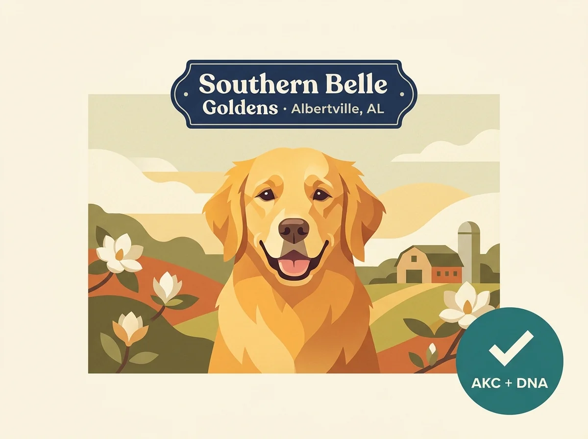 Southern Belle Goldens editorial profile card showing AKC family-program badge with Albertville Sand Mountain Alabama location.
