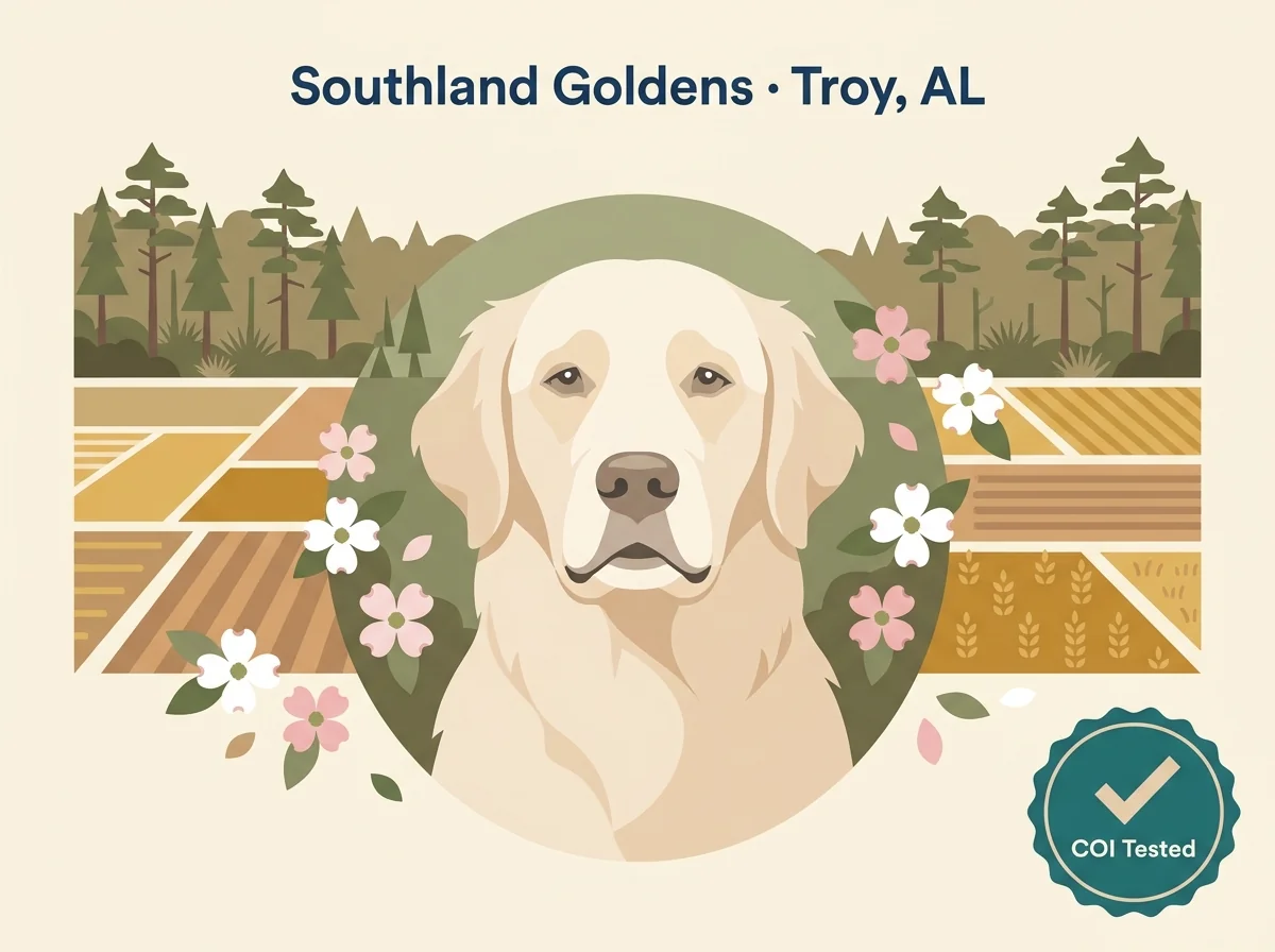 Southland Goldens editorial profile card showing English Cream COI-tested badge with Troy SE Alabama location.