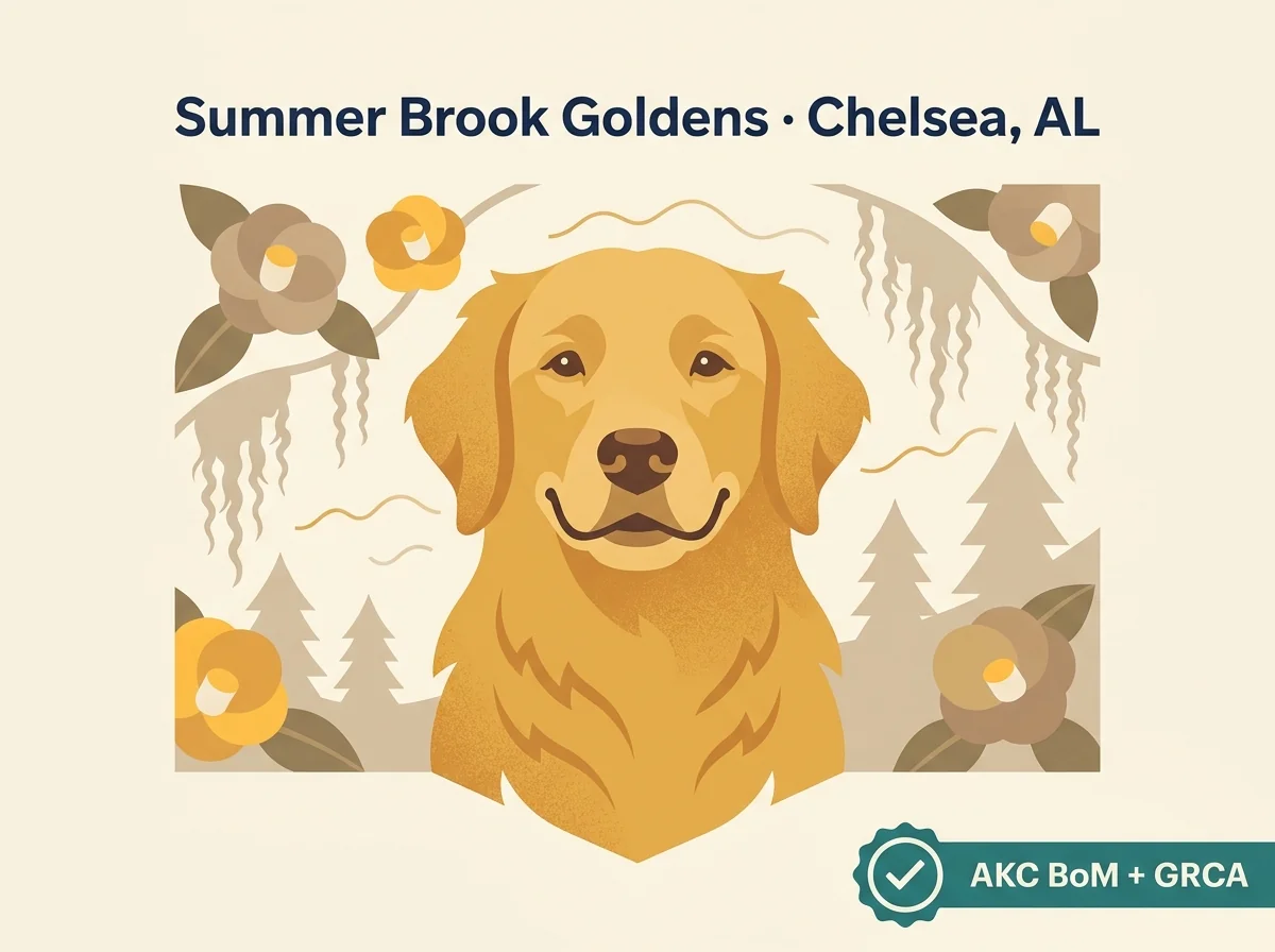 Summer Brook Goldens editorial profile card showing AKC Breeder of Merit and GRCA member credentials, with Birmingham metro location highlighted on Alabama map.
