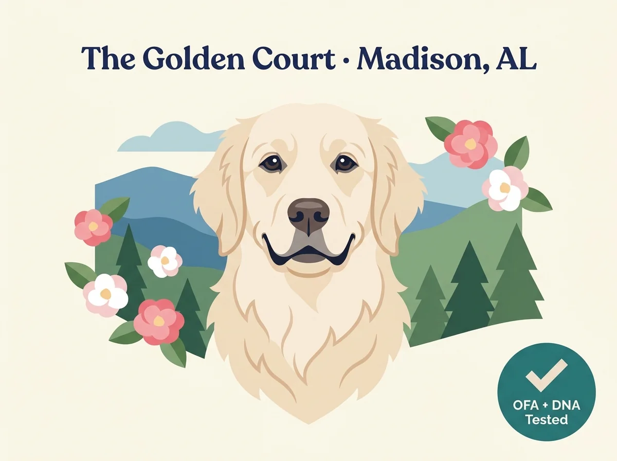 The Golden Court editorial profile card showing OFA full-panel testing badge with Madison Alabama Huntsville-area location and English-American blend lineage.