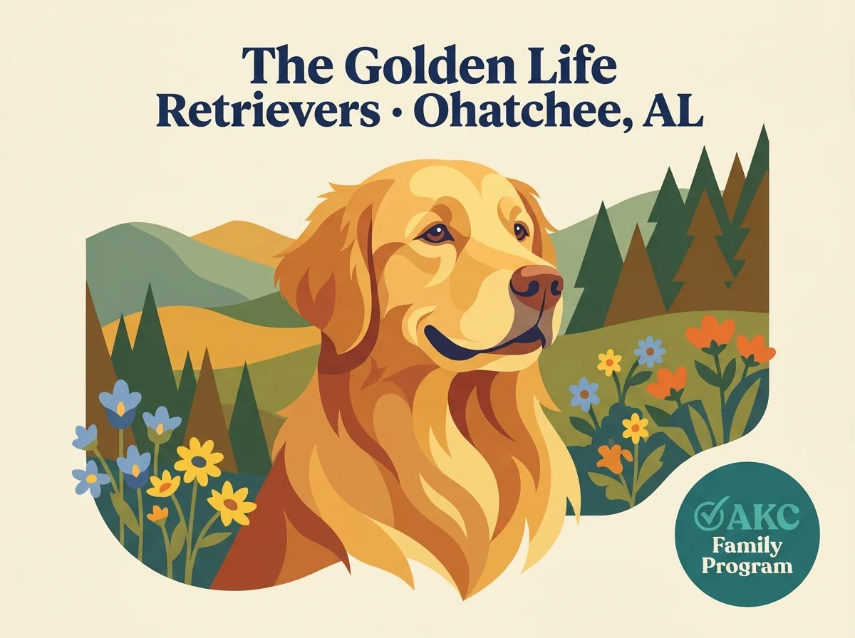 The Golden Life Retrievers editorial profile card showing AKC family program badge with Ohatchee Anniston-area Alabama location.