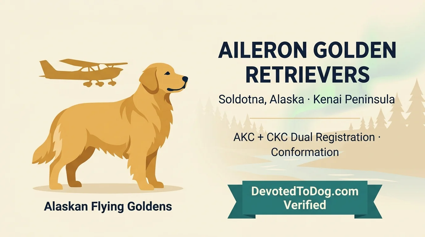 Aileron Golden Retrievers editorial profile card showing tier rating, Soldotna Alaska location, AKC and CKC dual registration, and conformation focus