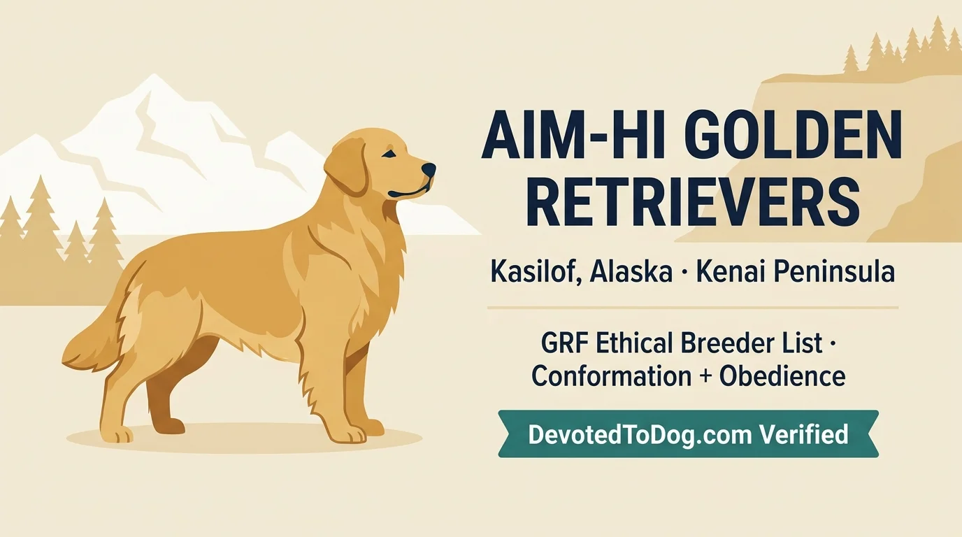 Aim-Hi Golden Retrievers editorial profile card showing tier rating, Kasilof Alaska location, GRF Ethical Breeder list status, and conformation focus