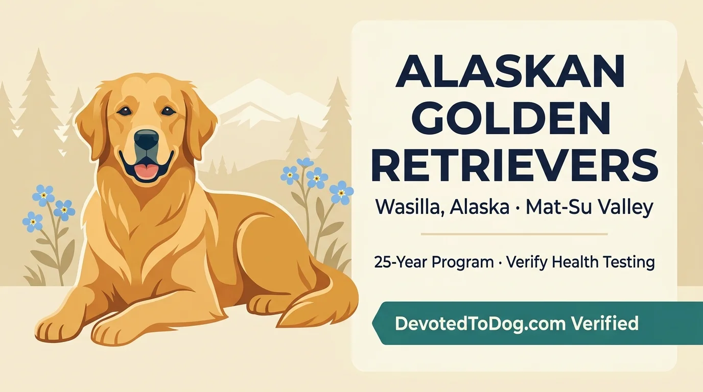 Alaskan Golden Retrievers editorial profile card showing tier rating, Wasilla Alaska location, and 25-year program longevity