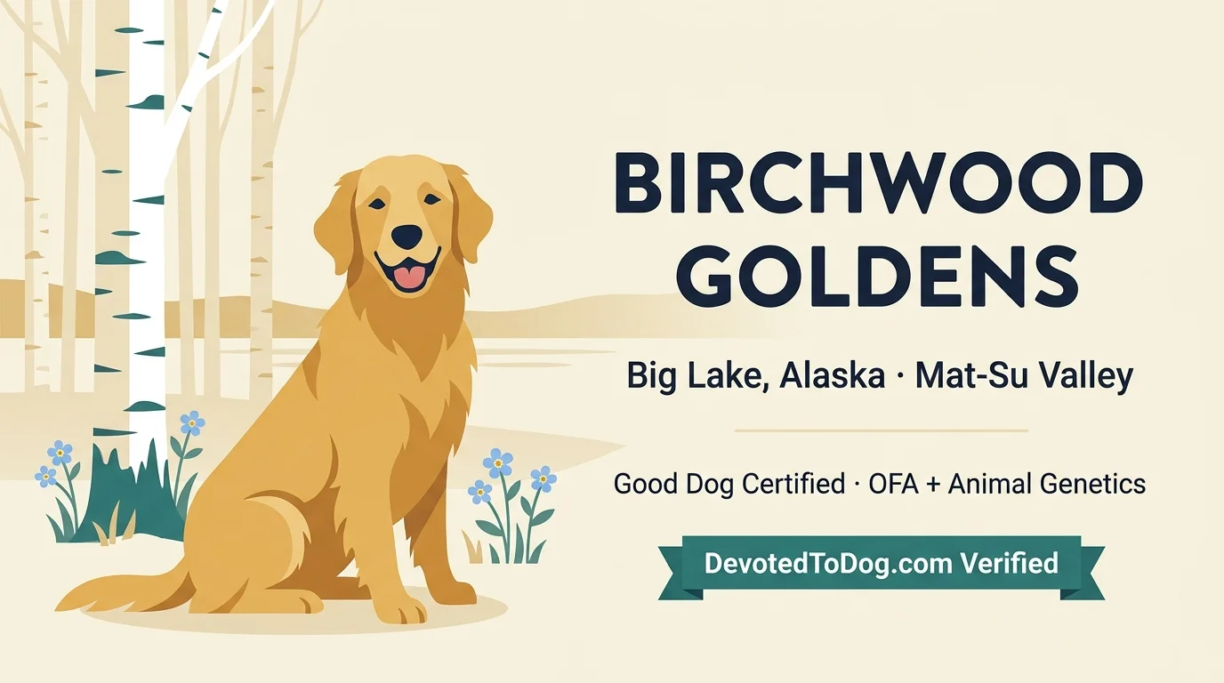 Birchwood Goldens editorial profile card showing tier rating, Big Lake Alaska location, Good Dog certified status, and OFA + Animal Genetics partnerships