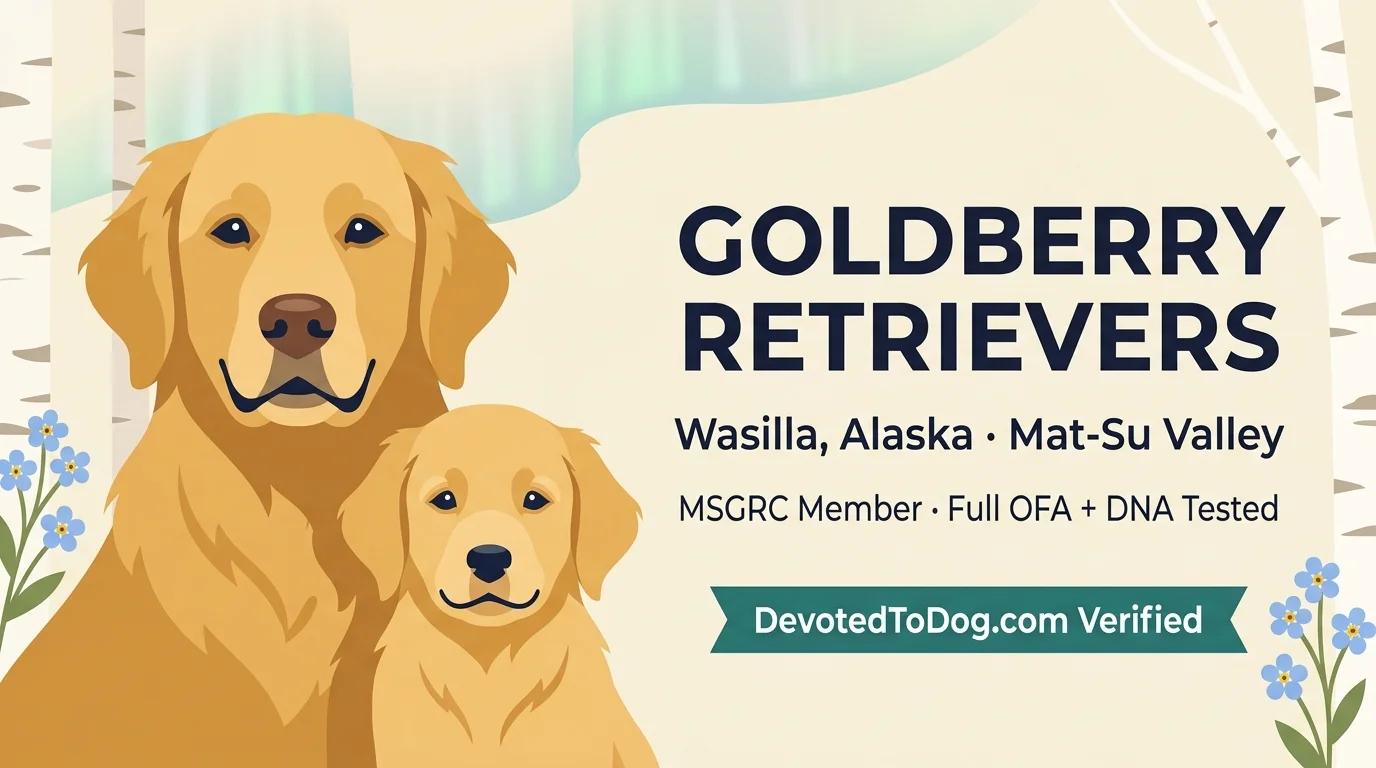 Goldberry Retrievers editorial profile card showing tier rating, Wasilla Alaska location, full OFA testing, MSGRC membership, and AKC Junior Hunt title